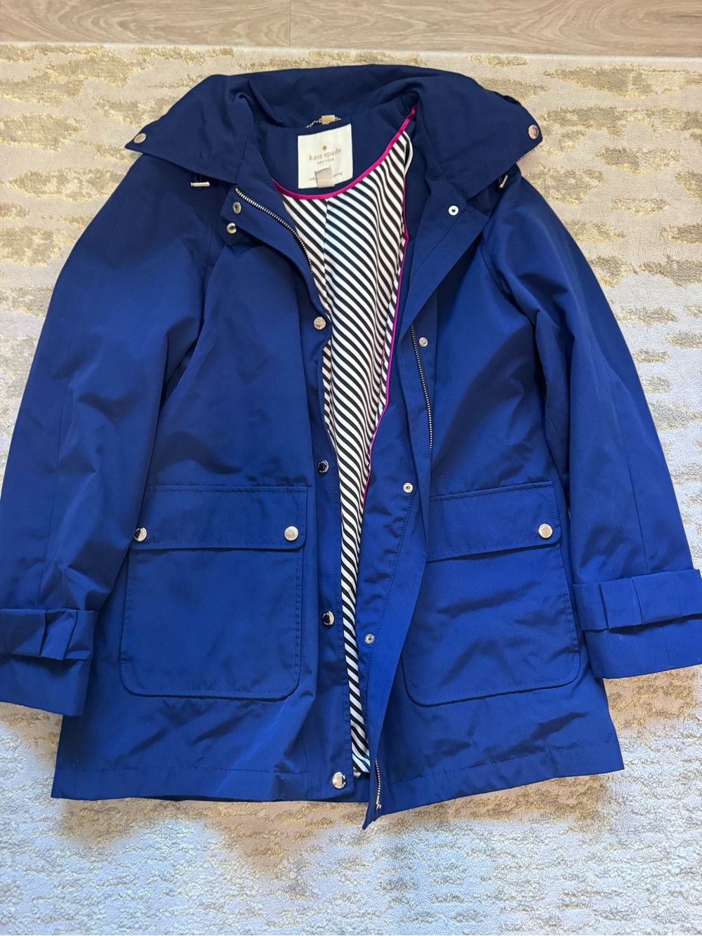 kate spade Navy Hooded Trench Raincoat with Striped Lining
